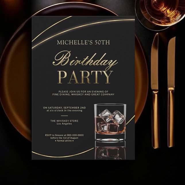 Invitación Cena Whiskey Cócteles caligrafía 50 cumpleaños (whiskey lover 50th birthday invitation women dinner party cocktail elegant black gold calligraphy)