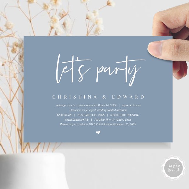 Invitación Cena y baile boda Elopement, vamos fiesta (Let's Party, Post Wedding Elopement Dinner and Party Celebration Invitation Card, in Dusty Blue)