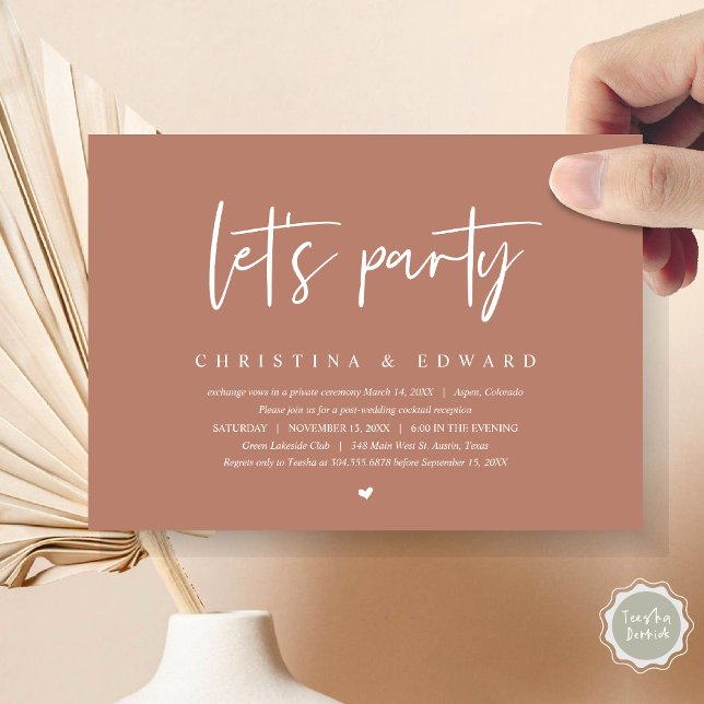 Invitación Cena y baile boda Elopement, vamos fiesta (Let's Party, Post Wedding Elopement Dinner and Party Celebration Invitation Card, in Terracotta )