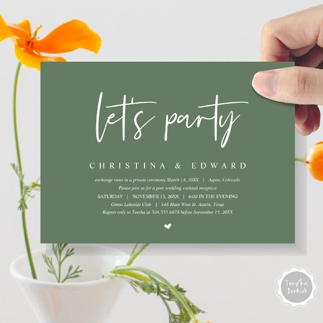 Invitación Cena y baile boda Elopement, vamos fiesta (Let's Party, Post Wedding Elopement Dinner and Party Celebration Invitation Card, in Sage Green)