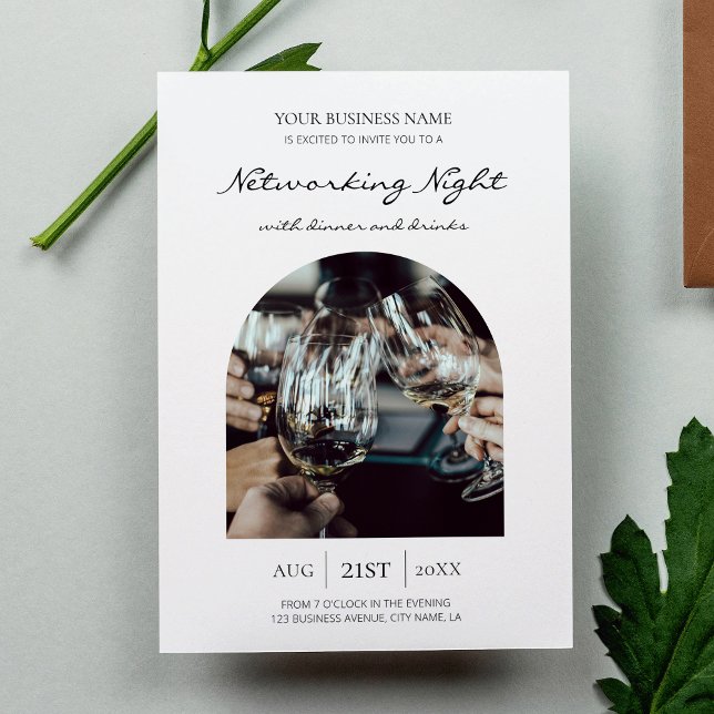 Invitación Cena y bebida en redes de negocios Foto de evento (Modern business networking event photo invitation with trendy script font and one arch framed photo)