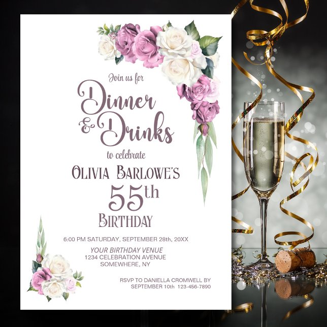 Invitación Cena y bebida rosa blanca floral 55º cumpleaños (Subido por el creador)