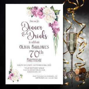 Invitación Cena y bebida rosa blanca floral 70 cumpleaños