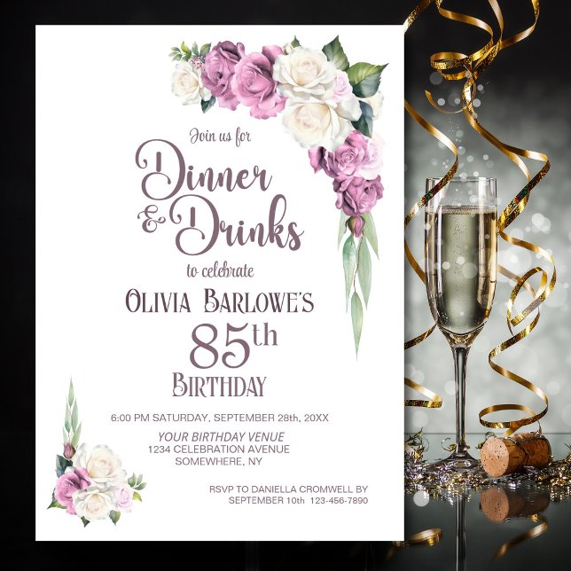 Invitación Cena y bebida rosa blanca floral 85º cumpleaños (Subido por el creador)