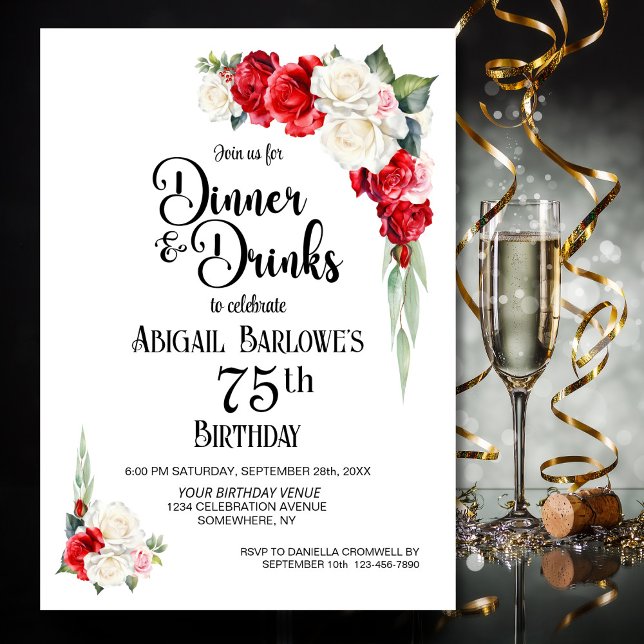 Invitación Cena y bebidas con flores blancas rojas 75 cumplea (Subido por el creador)