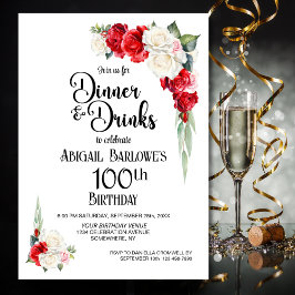 Invitación Cena y bebidas con flores rojas blancas 100 cumple