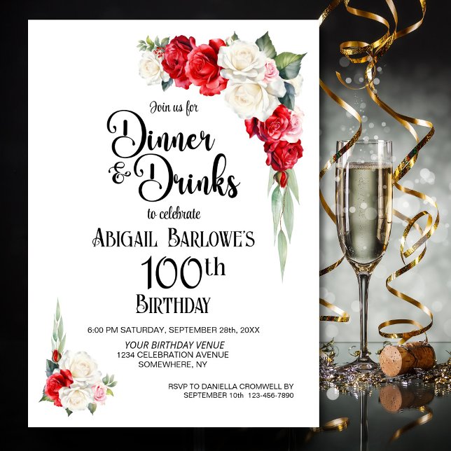 Invitación Cena y bebidas con flores rojas blancas 100 cumple (Subido por el creador)