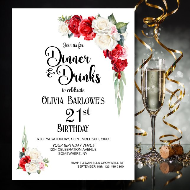 Invitación Cena y bebidas con flores rojas blancas 21 cumplea (Subido por el creador)