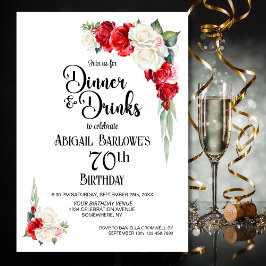 Invitación Cena y bebidas con flores rojas blancas 70 cumplea