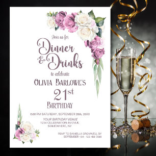 Invitación Cena y bebidas de color blanco rosado 21º cumpleañ