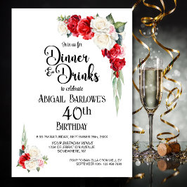 Invitación Cena y bebidas de Floral blanca roja 40 cumpleaños