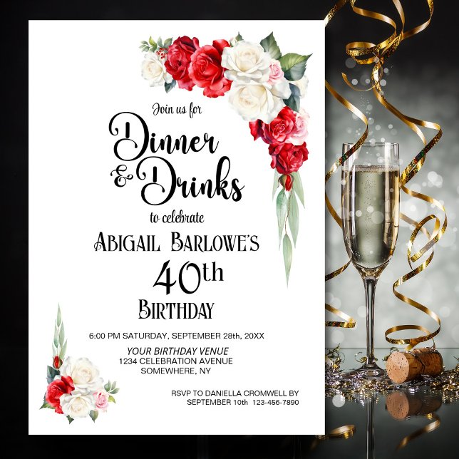 Invitación Cena y bebidas de Floral blanca roja 40 cumpleaños (Subido por el creador)