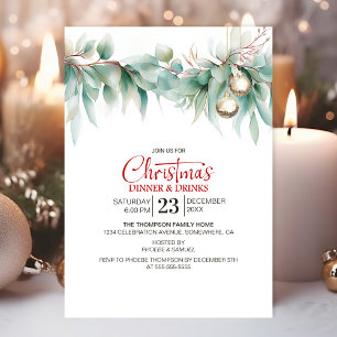 Invitación Cena y bebidas de Navidad con vegetación en acuare