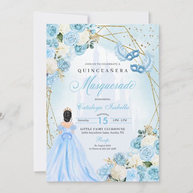 Invitación Cenicienta azul claro Masquerade Quinceanera (Anverso)