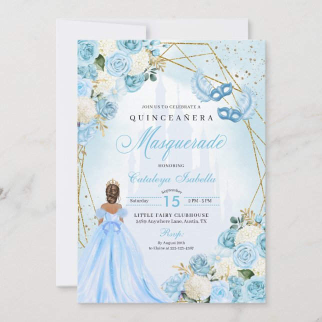 Invitación Cenicienta azul claro Masquerade Quinceanera (Anverso)