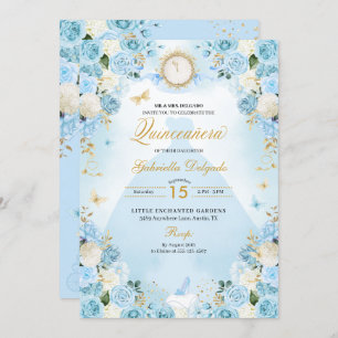 Invitación Cenicienta azul claro princesa vestida Quinceanera