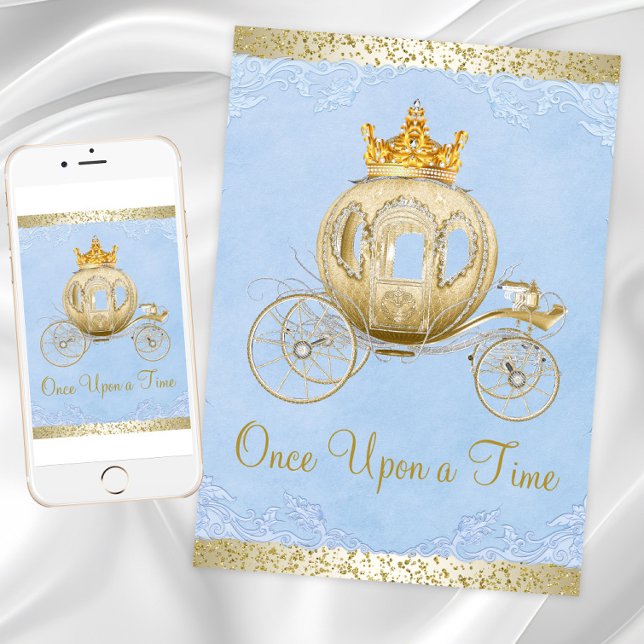 Invitación Cenicienta Azul Érase Una Vez Cumpleaños Princesa (Cinderella birthday party invitation with gold carriage on a blue and gold background. Any occasion.)