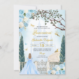 Invitación Cenicienta azul Jardín encantado Quinceanera