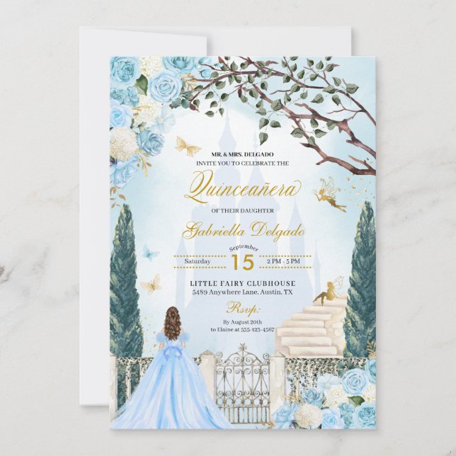 Invitación Cenicienta azul Jardín encantado Quinceanera (Anverso)