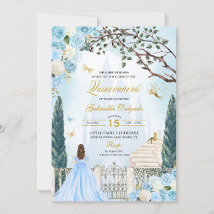 Invitación Cenicienta azul Jardín encantado Quinceanera