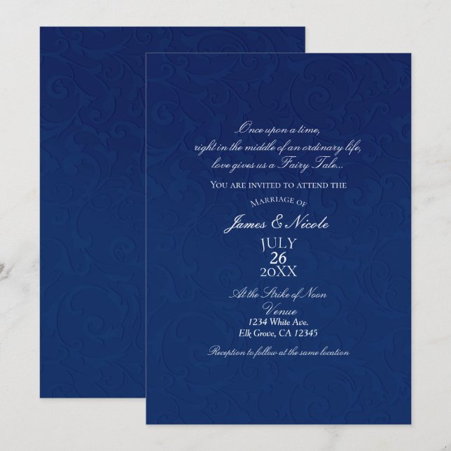 Invitación Cenicienta Azul Marino Elegante Boda de Cuento de  (Anverso / Reverso)