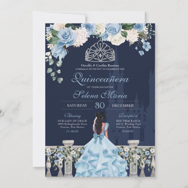 Invitación Cenicienta azul medianoche Princesa Quinceañera (Anverso)