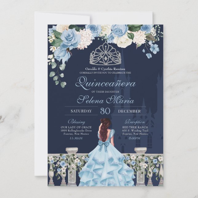Invitación Cenicienta azul medianoche Princesa Quinceañera (Anverso)