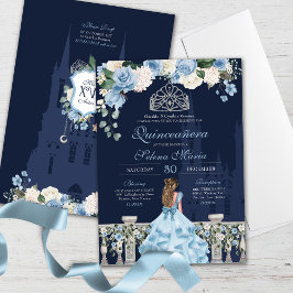 Invitación Cenicienta azul medianoche Princesa Quinceañera