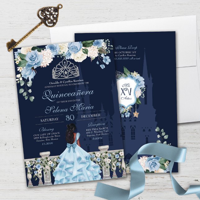 Invitación Cenicienta azul medianoche Princesa Quinceañera (Subido por el creador)