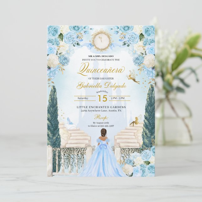Invitación Cenicienta azul Princesa Fairy Quinceanera (Anverso de pie)
