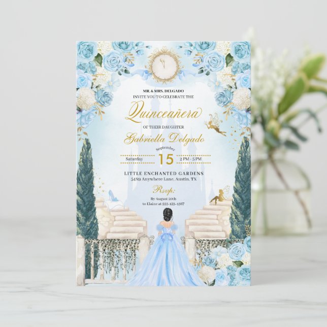 Invitación Cenicienta azul Princesa Fairy Quinceanera (Anverso de pie)