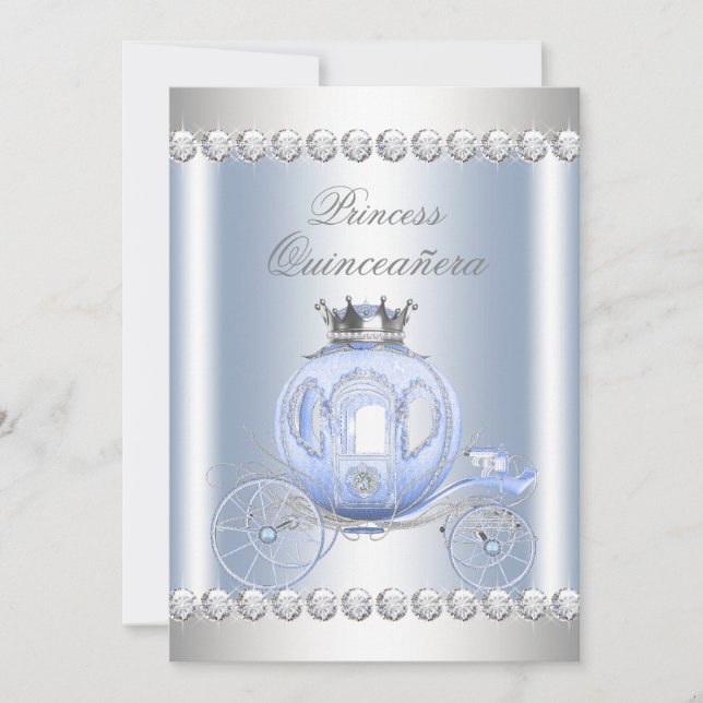 Invitación Cenicienta Azul Princesa Quinceañera Plata (Anverso)