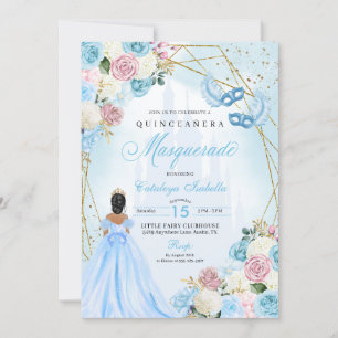 Invitación Cenicienta azul rosa Rubor Masquerade Quinceanera