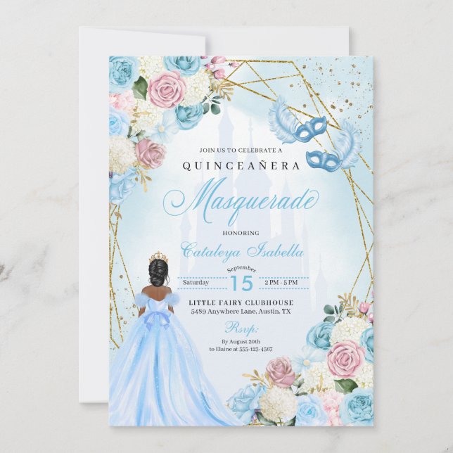 Invitación Cenicienta azul rosa Rubor Masquerade Quinceanera (Anverso)