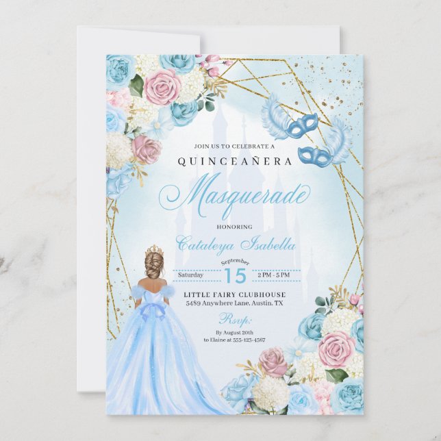 Invitación Cenicienta azul rosa Rubor Masquerade Quinceanera (Anverso)