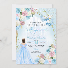 Invitación Cenicienta azul rosa Rubor Masquerade Quinceanera