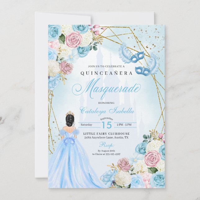 Invitación Cenicienta azul rosa Rubor Masquerade Quinceanera (Anverso)