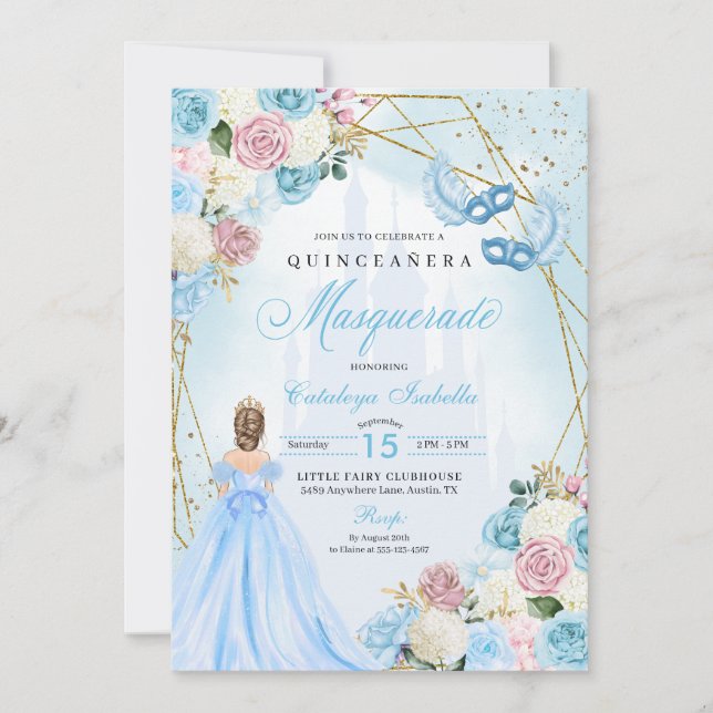 Invitación Cenicienta azul rosa Rubor Masquerade Quinceanera (Anverso)