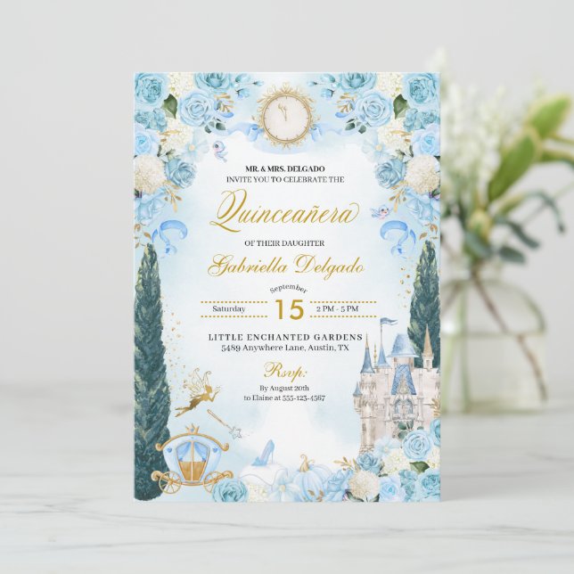 Invitación Cenicienta azul y dorada Princesa de hadas Quincea (Anverso de pie)