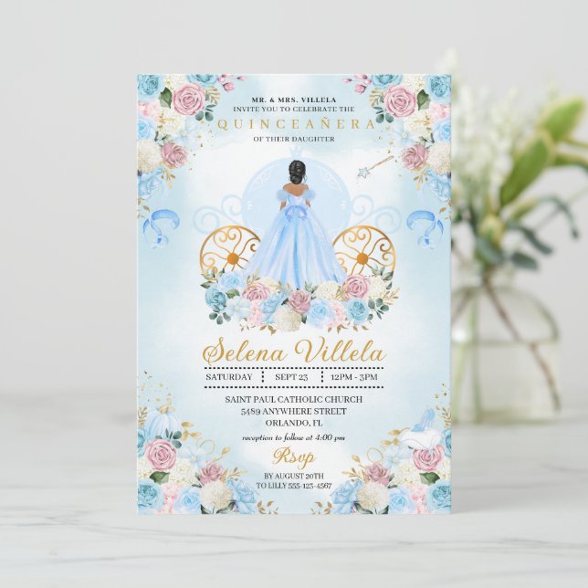 Invitación Cenicienta azul y rosa Carriage Quinceañera (Anverso de pie)