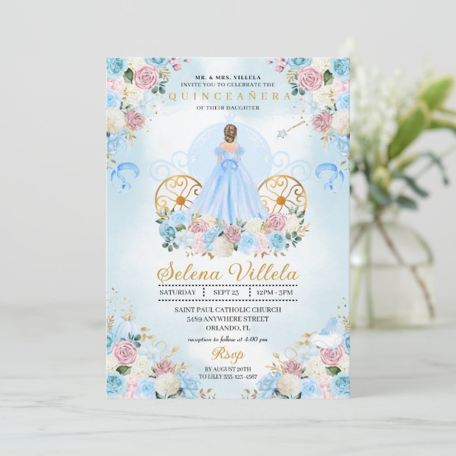 Invitación Cenicienta azul y rosa Carriage Quinceañera (Anverso de pie)