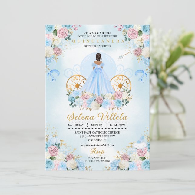 Invitación Cenicienta azul y rosa Carriage Quinceañera (Anverso de pie)