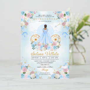Invitación Cenicienta azul y rosa Carriage Quinceañera