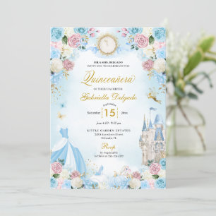 Invitación Cenicienta azul y rosa cuento de hadas Quinceanera
