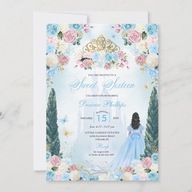 Invitación Cenicienta azul y rosa de cuento de hadas Princesa (Anverso)