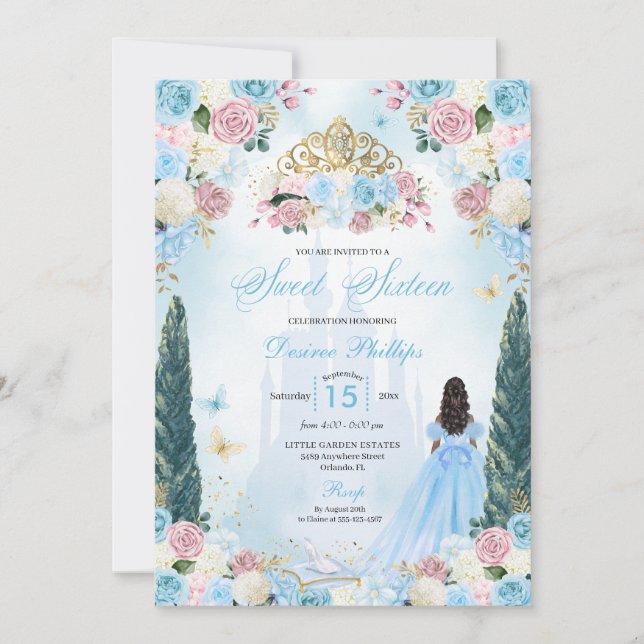 Invitación Cenicienta azul y rosa de cuento de hadas Princesa (Anverso)