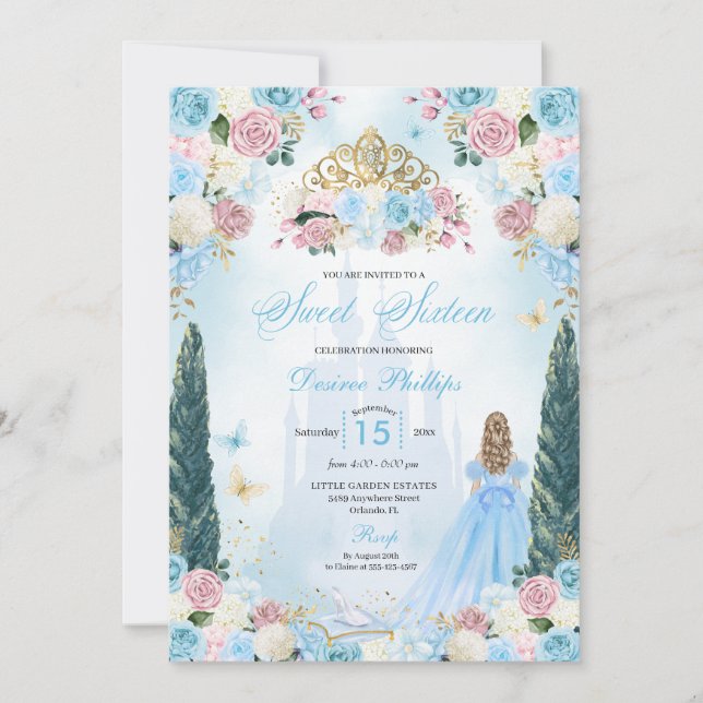 Invitación Cenicienta azul y rosa de cuento de hadas Princesa (Anverso)