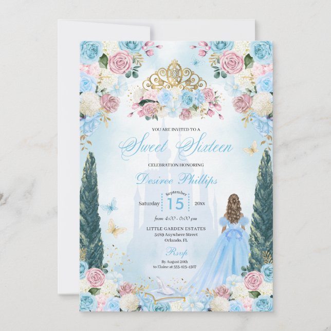 Invitación Cenicienta azul y rosa de cuento de hadas Princesa (Anverso)