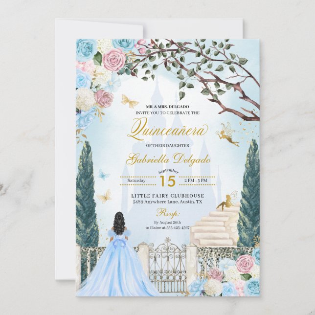 Invitación Cenicienta azul y rosa Jardín mágico Quinceanera (Anverso)