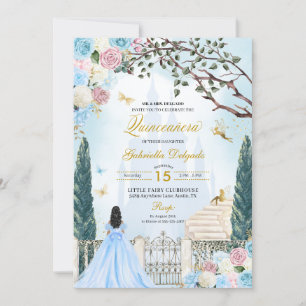 Invitación Cenicienta azul y rosa Jardín mágico Quinceanera